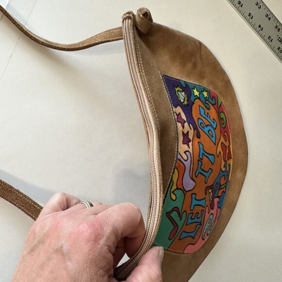 Womens Brown Suede Crossbody Bag Let it Be Psychedelic Design Artisan Music - Picture 7 of 8